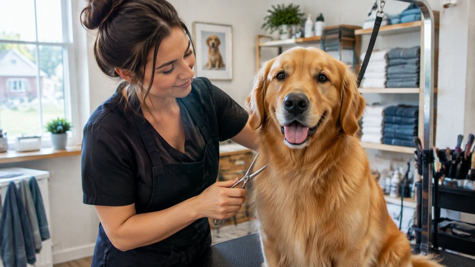 A pet groomer trimming a golden retriever in her bright grooming salon