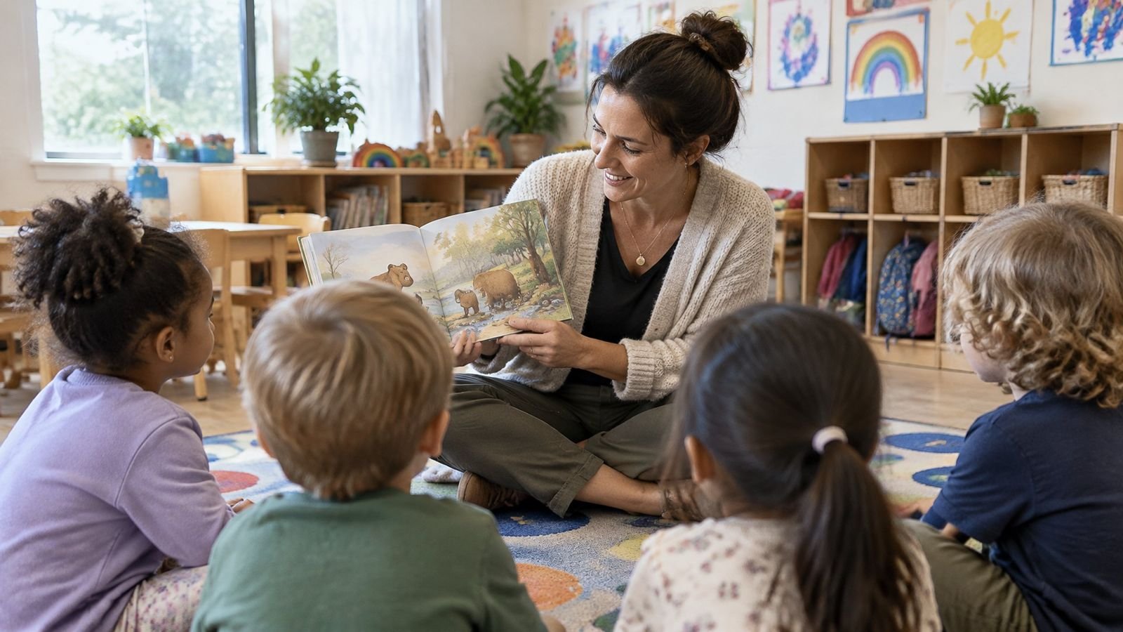 A childcare center owner reading a picture book to preschool children in a bright classroom