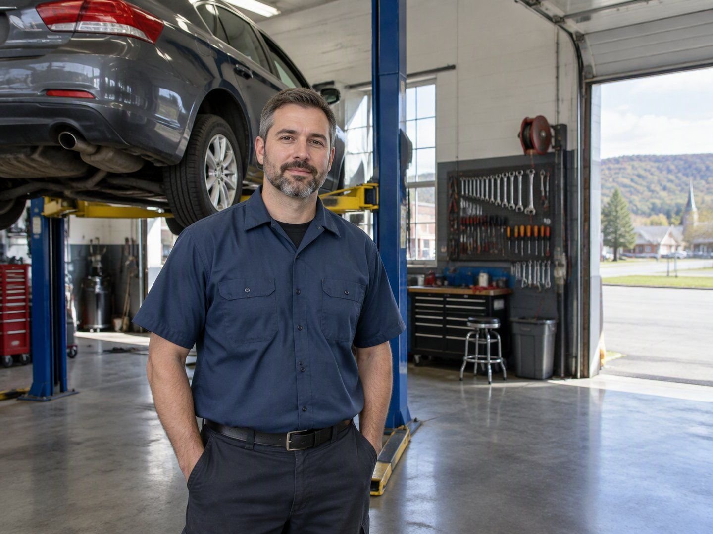 A Middletown auto repair shop owner standing in front of a car on a lift in his garage