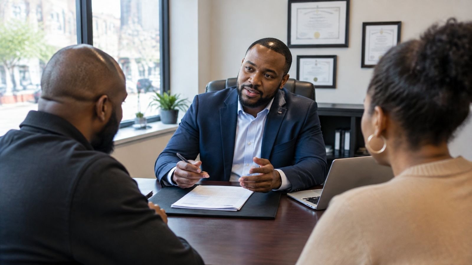A tax preparation business owner meeting with a client couple in his storefront office