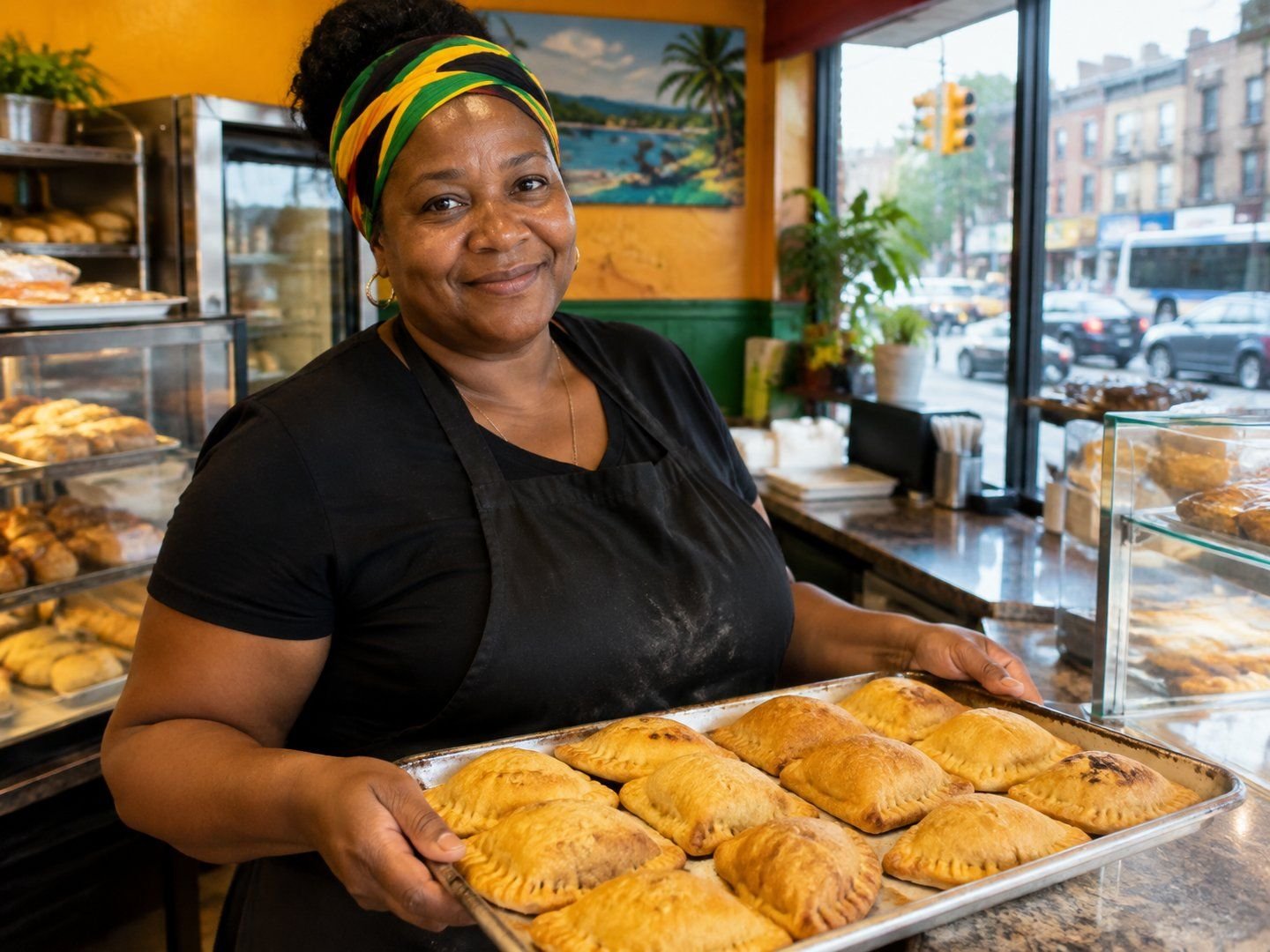 A Mount Vernon Caribbean bakery owner holding a tray of golden beef patties