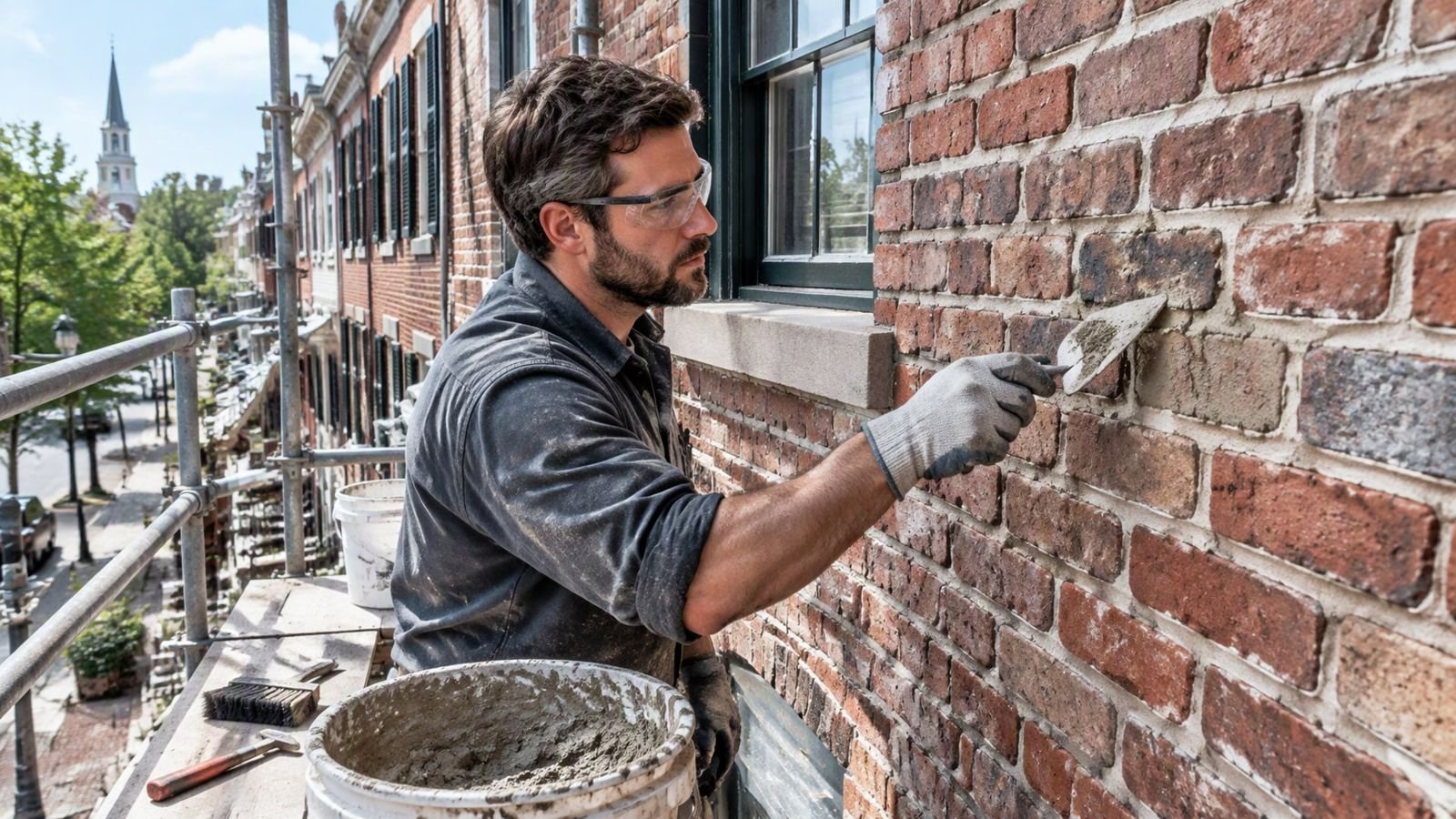 A restoration contractor repointing brickwork on the facade of a historic rowhouse