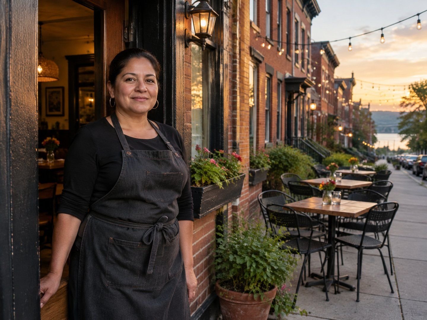 A Newburgh restaurant owner standing in the doorway of her restaurant on a street of historic brick rowhouses