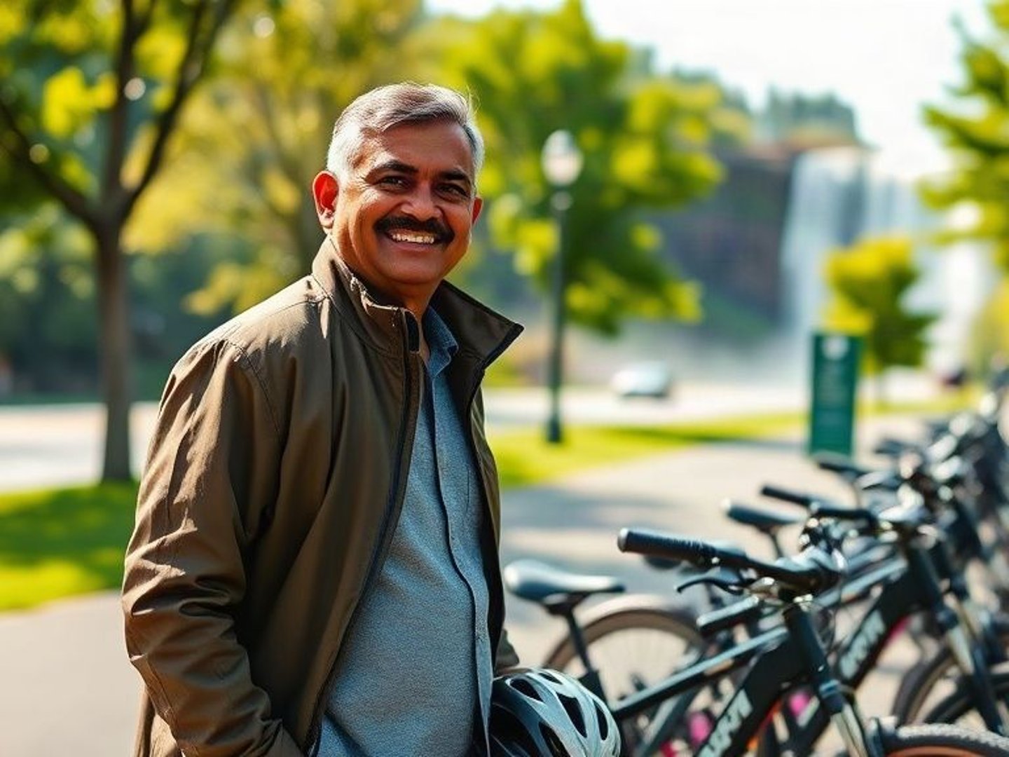 A Niagara Falls bike rental and tour business owner beside his rental bikes with the waterfalls' mist behind him