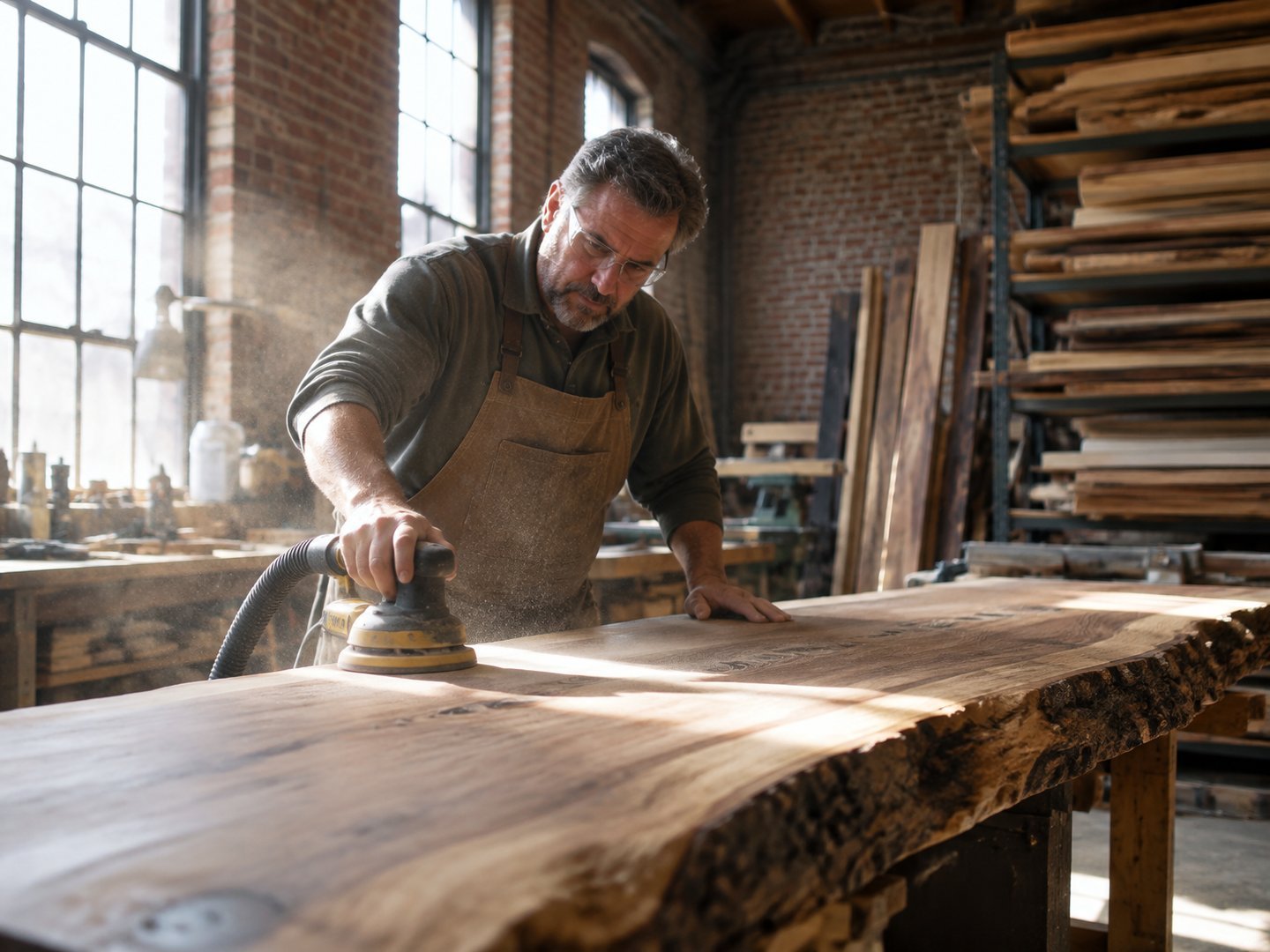 A North Tonawanda woodworker sanding a live-edge table in his workshop in an old brick building