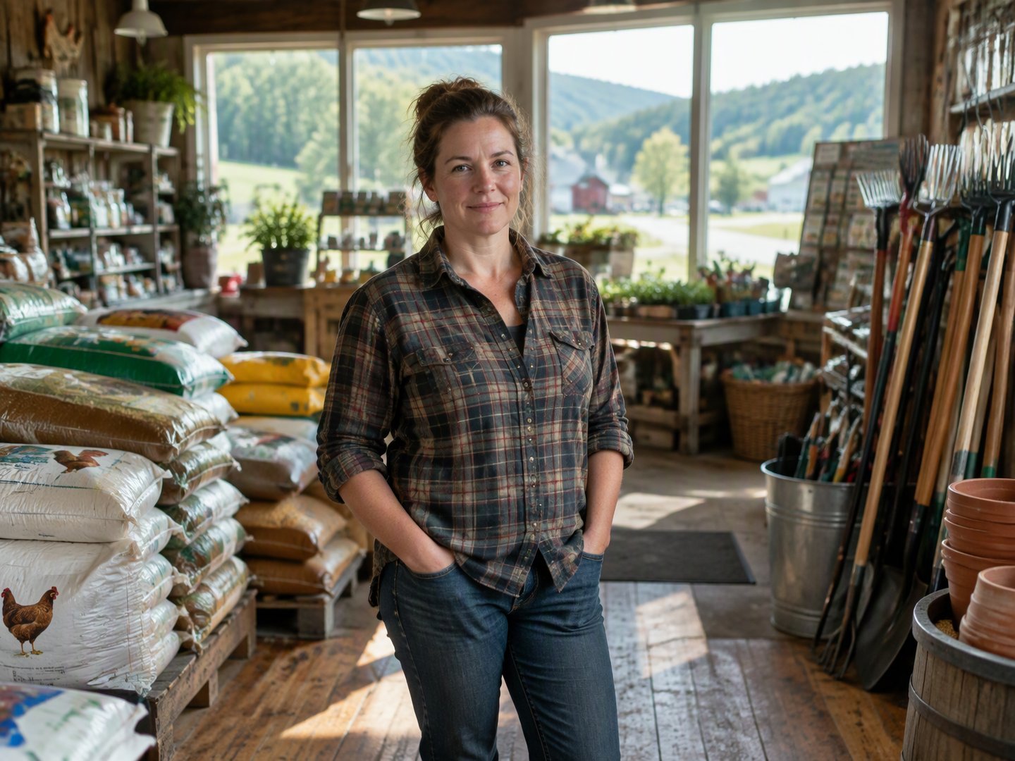 A Norwich farm and garden supply store owner standing among feed sacks and tools in her small-town shop