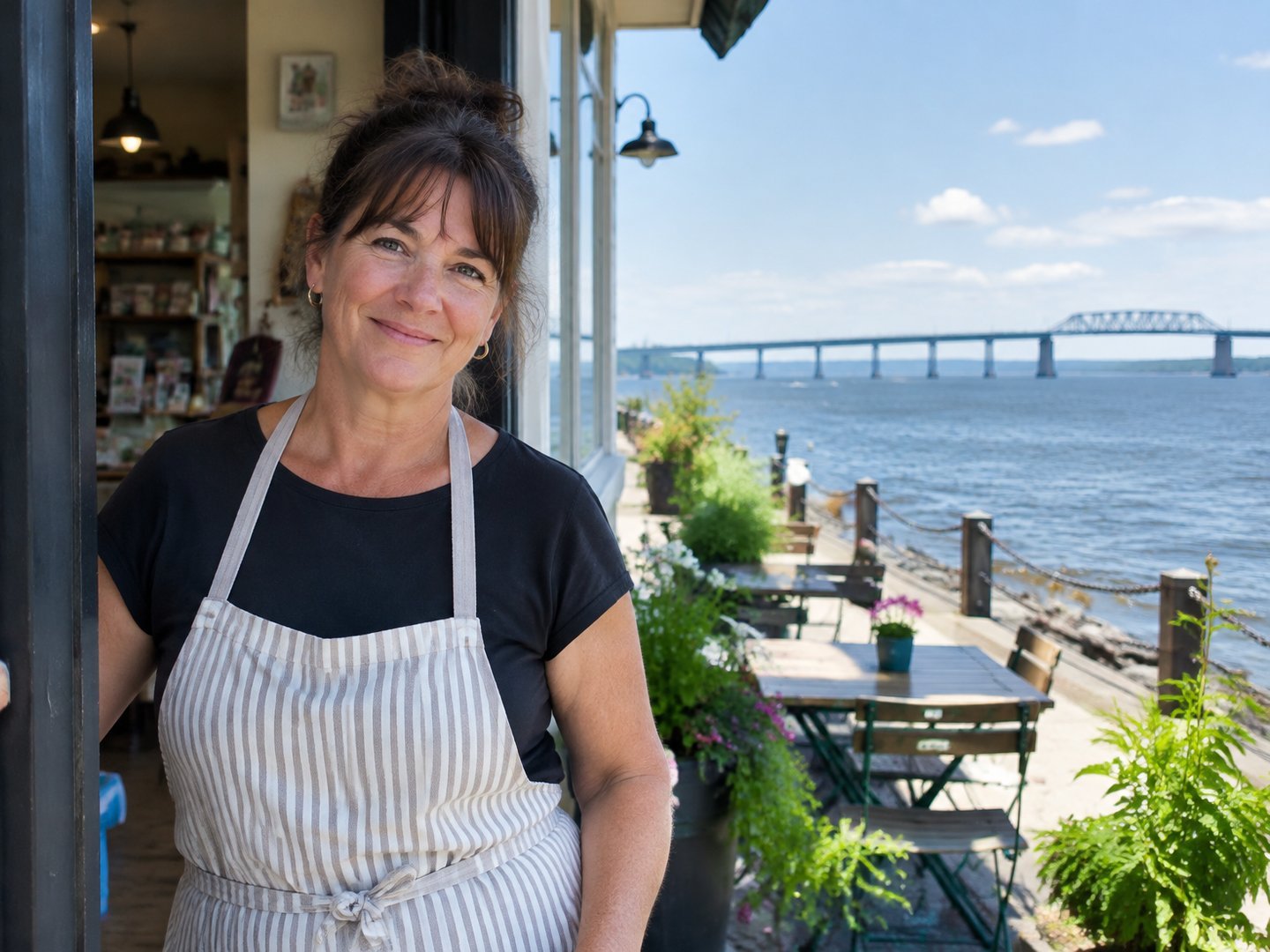 An Ogdensburg gift shop owner at her shop door with the St. Lawrence River and a bridge to Canada behind her