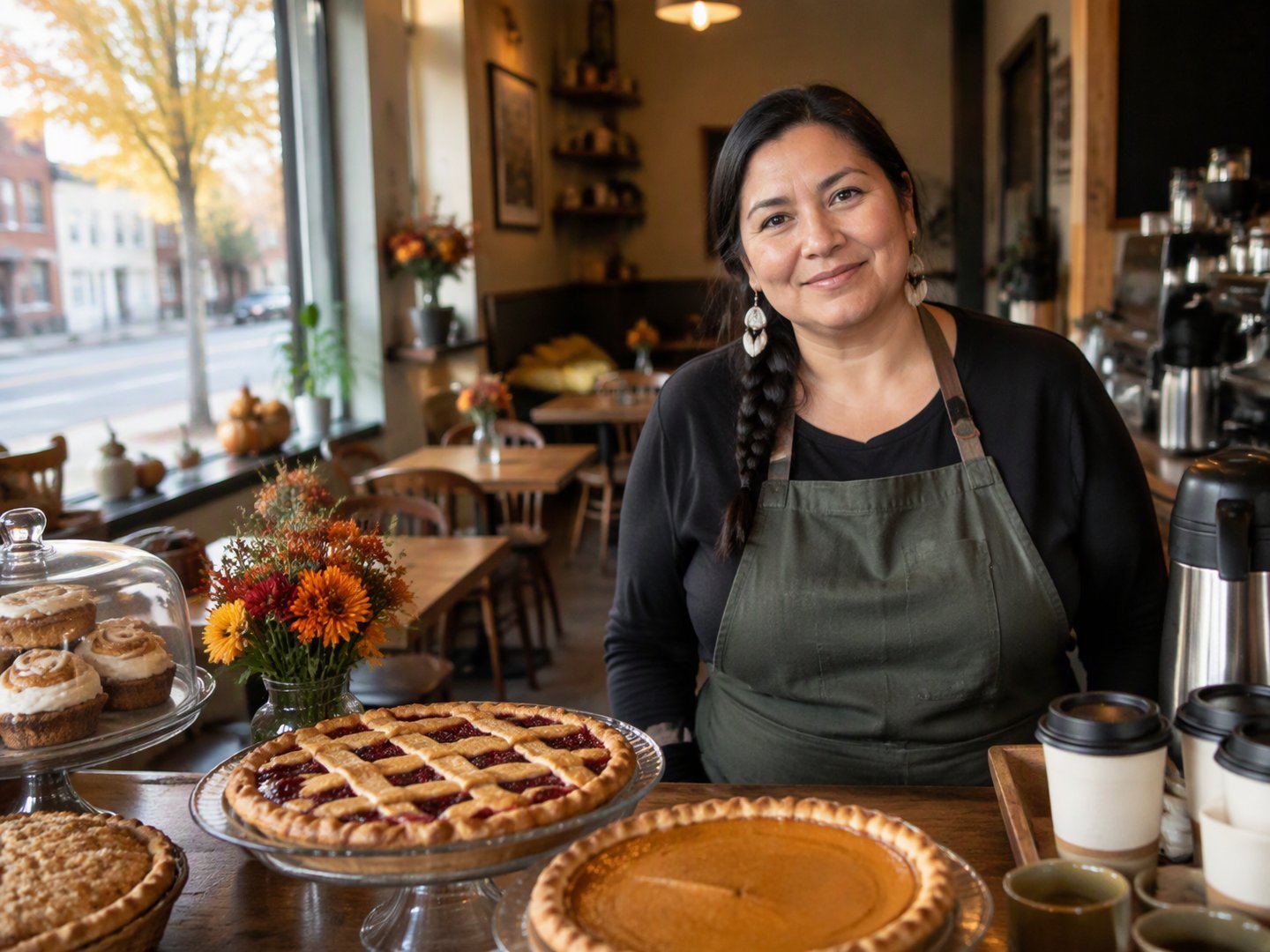 An Oneida cafe and bakery owner smiling behind her counter with fresh pies and coffee