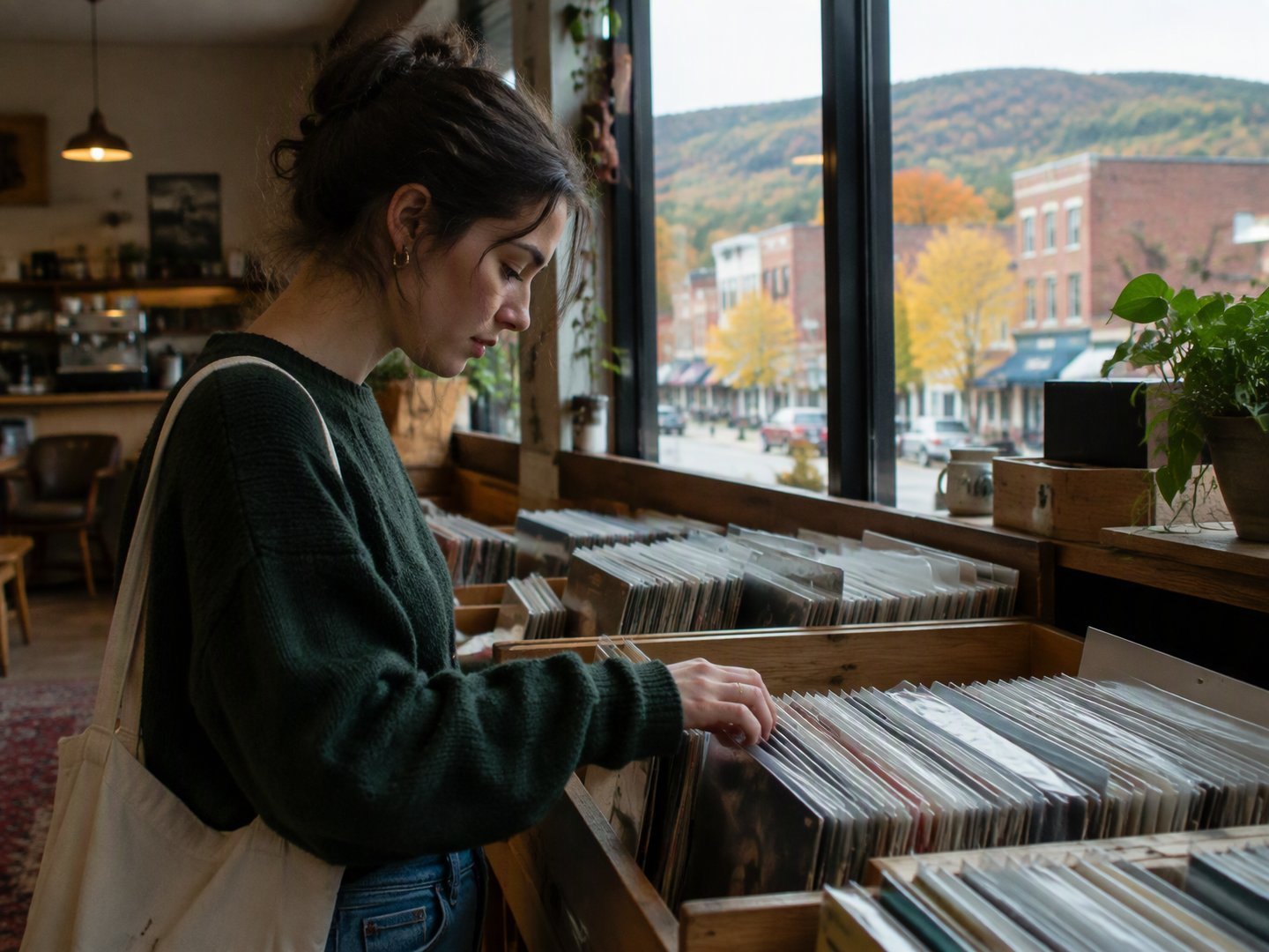 An Oneonta record and coffee shop owner flipping through vinyl records in her shop