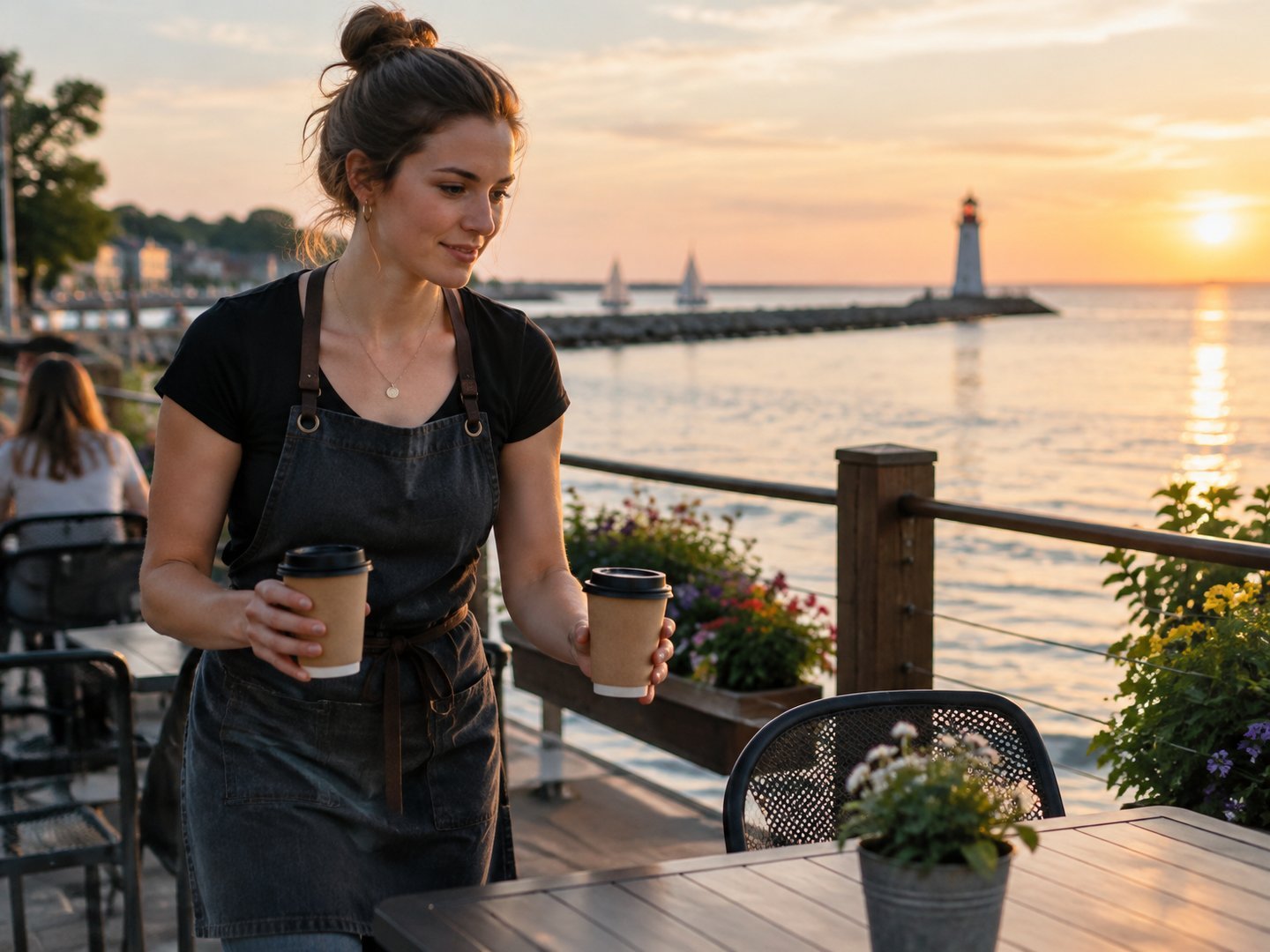 An Oswego waterfront cafe owner carrying coffees to a patio overlooking Lake Ontario and a lighthouse