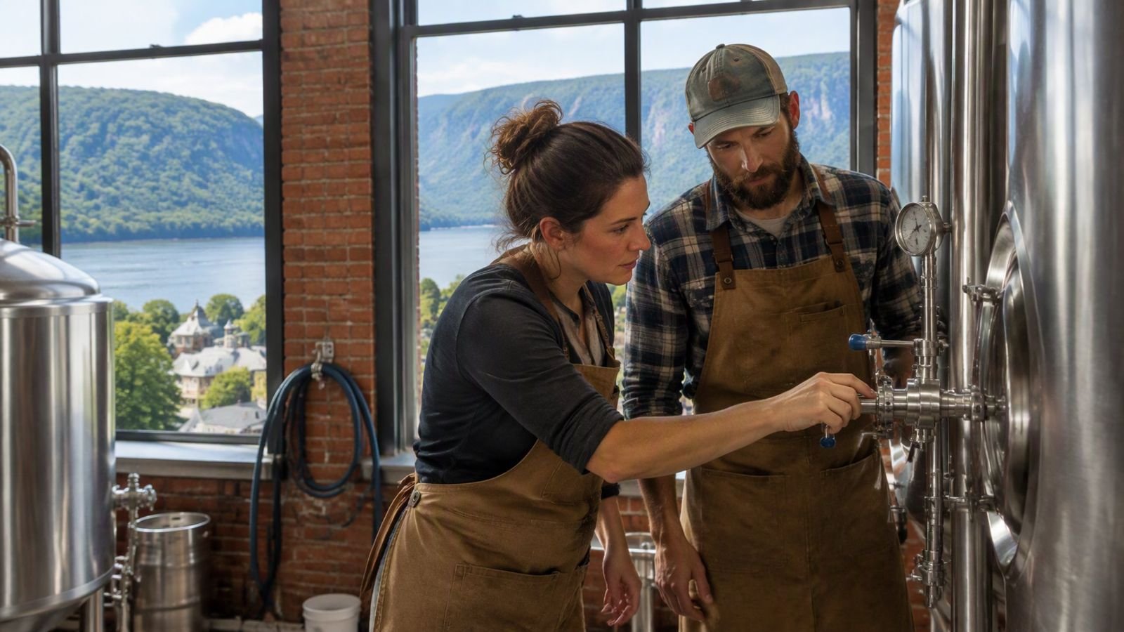 Two craft brewery co-founders checking a fermentation tank in a brick brewhouse overlooking the Hudson River and Highlands