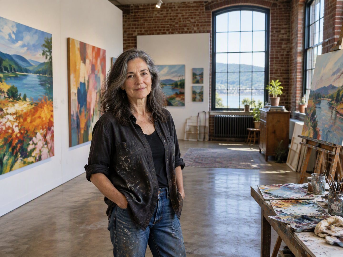 A Peekskill artist standing in her gallery and studio surrounded by colorful canvases