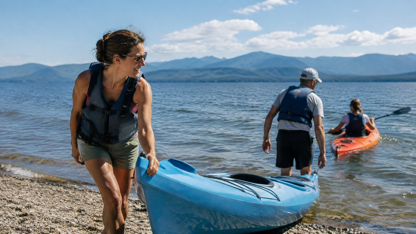 A kayak rental owner helping customers launch kayaks on Lake Champlain with mountains behind