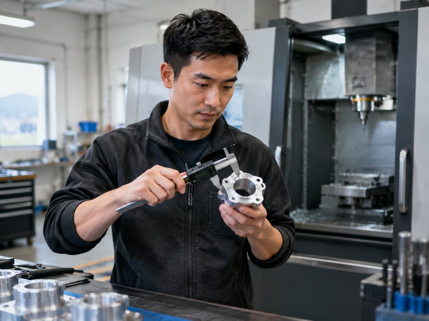A Plattsburgh machining startup founder inspecting a precision part with calipers
