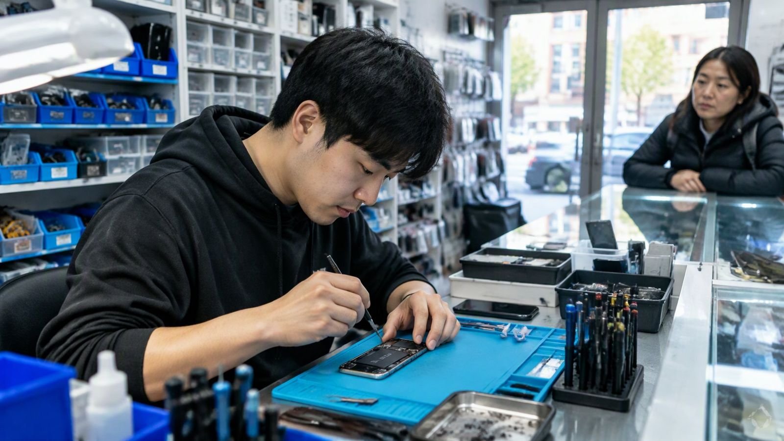 A Queens electronics repair shop owner fixing a smartphone at his counter