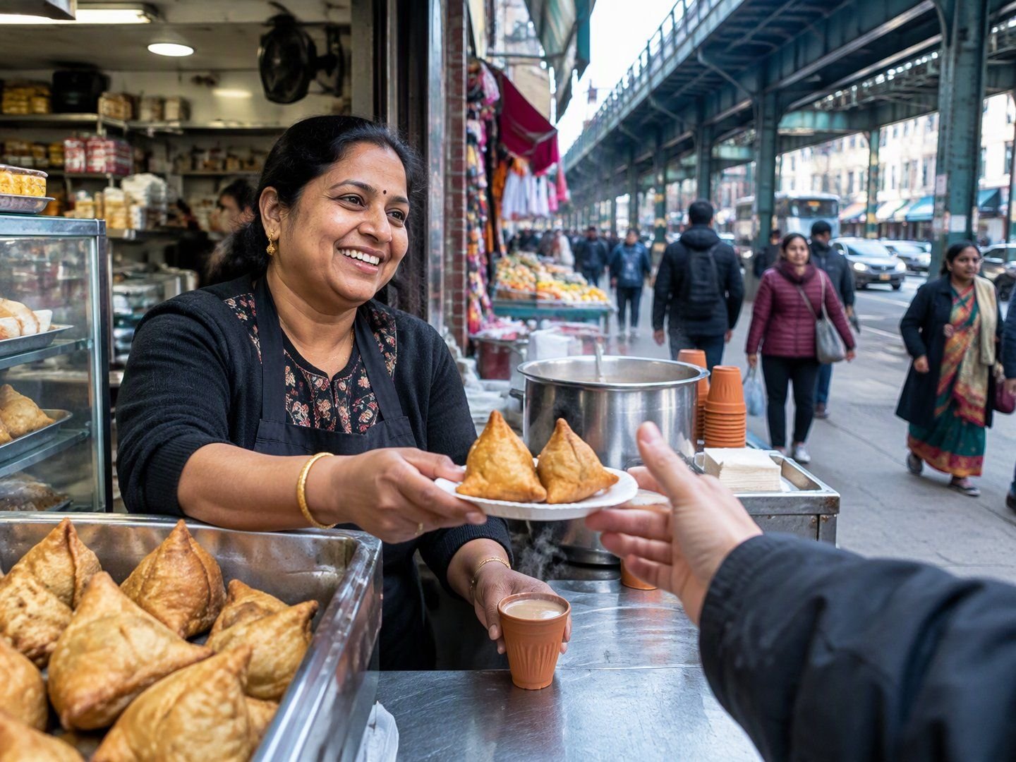 A Queens food shop owner serving samosas and chai on a busy street under an elevated subway line