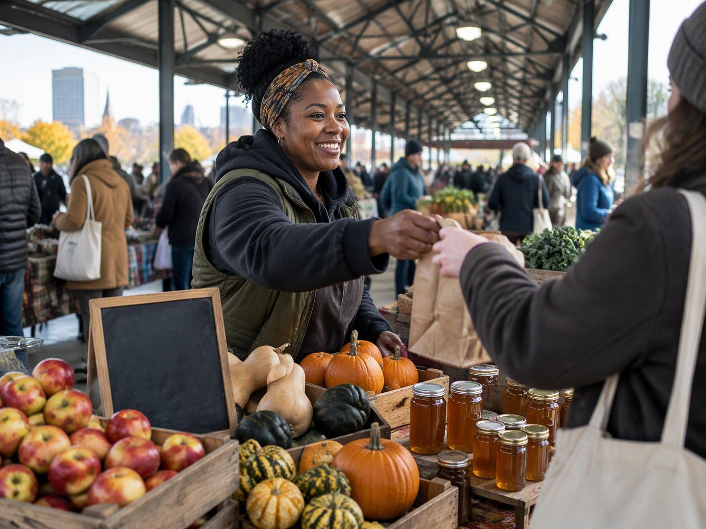 A Rochester entrepreneur selling produce and local goods at her stand in an open-air public market
