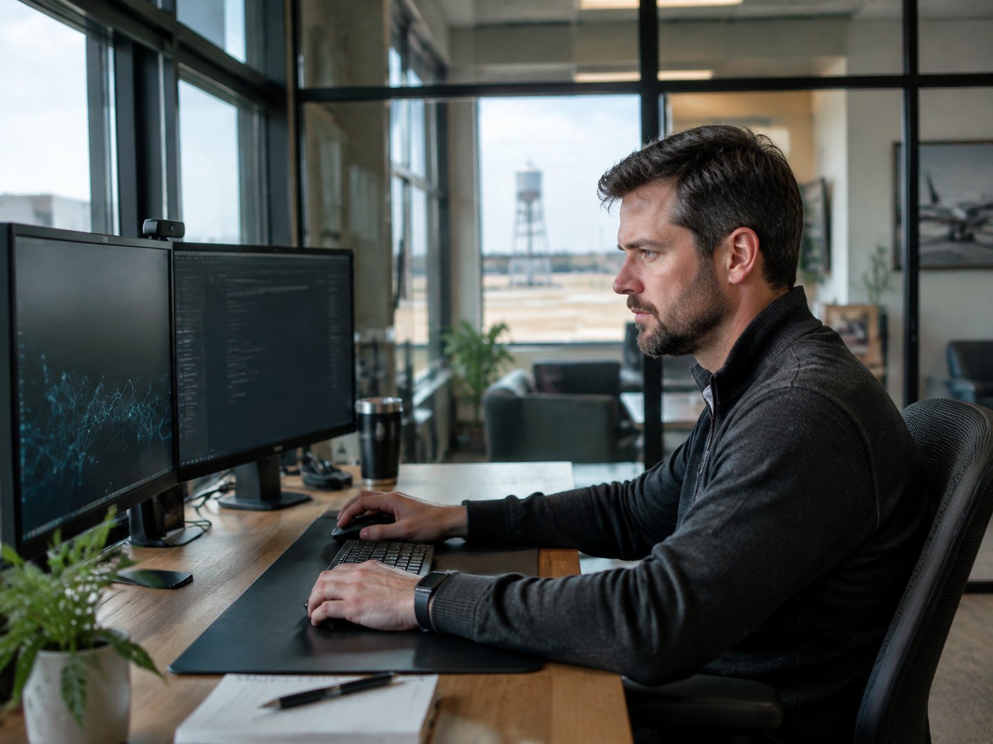 A Rome cybersecurity founder working at a dual-monitor desk in a small modern office