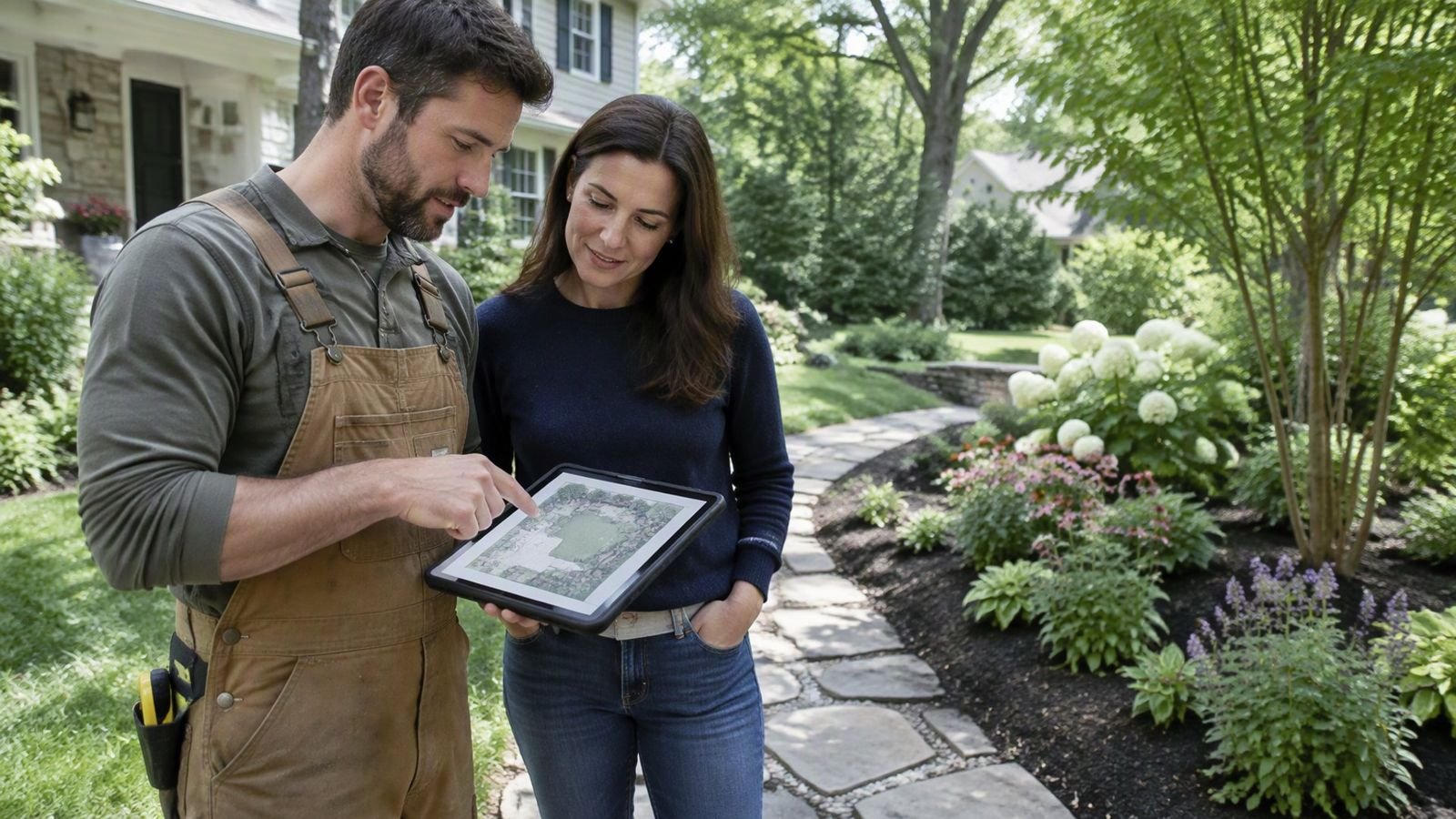 A landscape design business owner reviewing a garden plan with a homeowner in a suburban yard