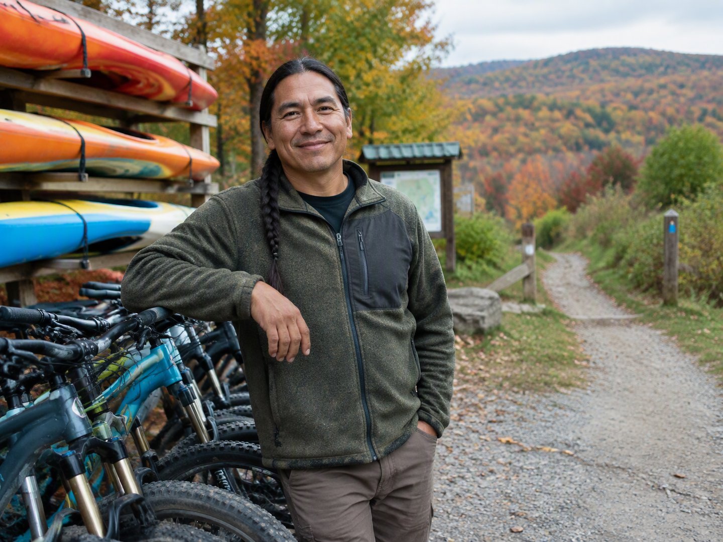 A Salamanca outdoor outfitter standing beside rental bikes and kayaks at a wooded trailhead in fall