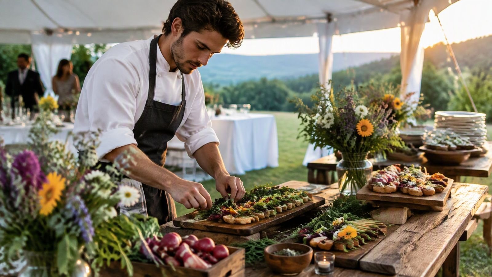 A caterer arranging appetizers on a buffet table at a summer event