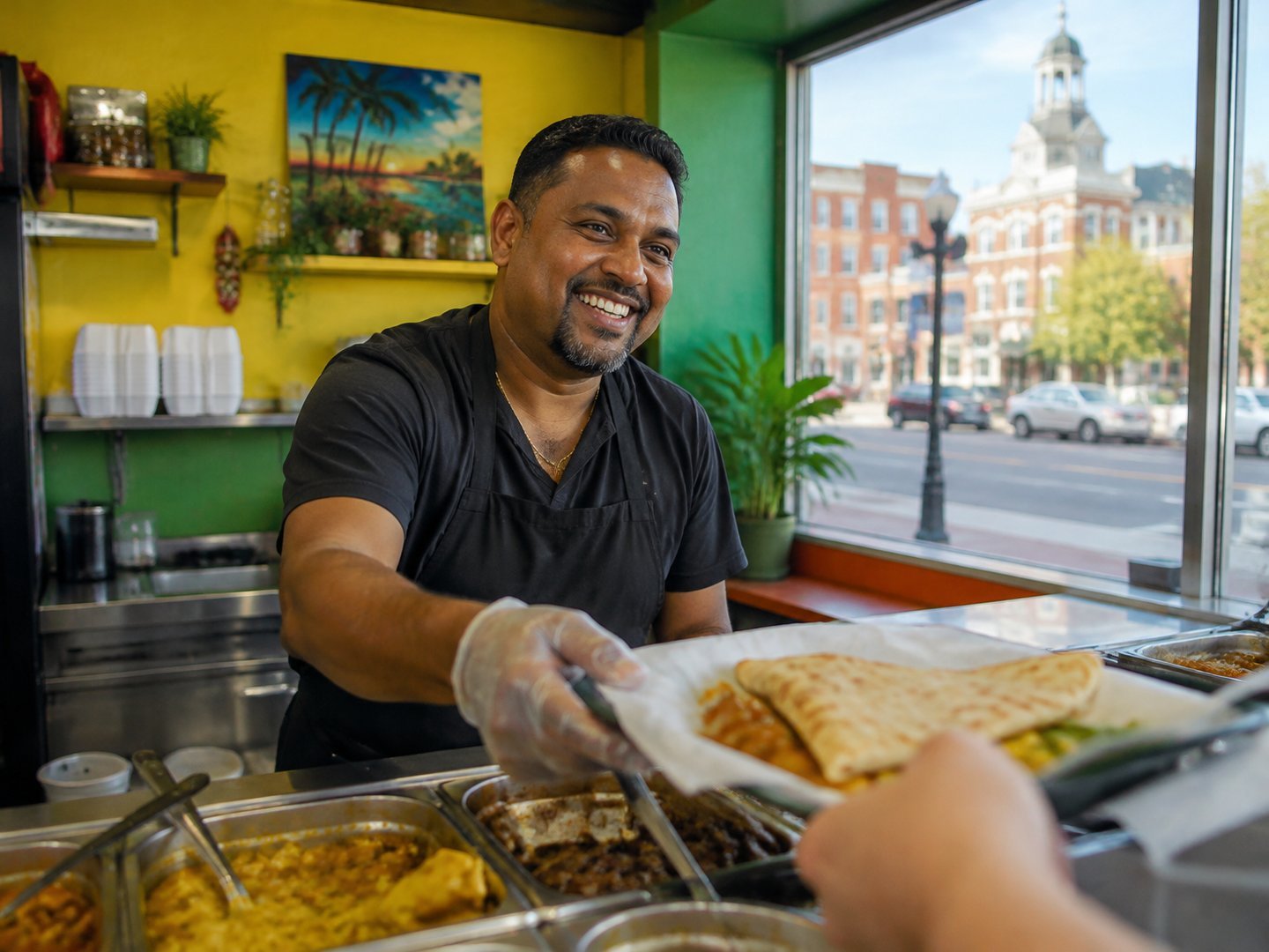 A Schenectady Caribbean takeout shop owner serving food from behind his counter