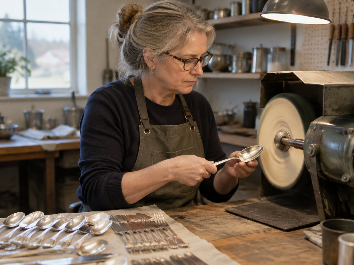 A Sherrill workshop owner polishing a silver serving spoon at a buffing wheel