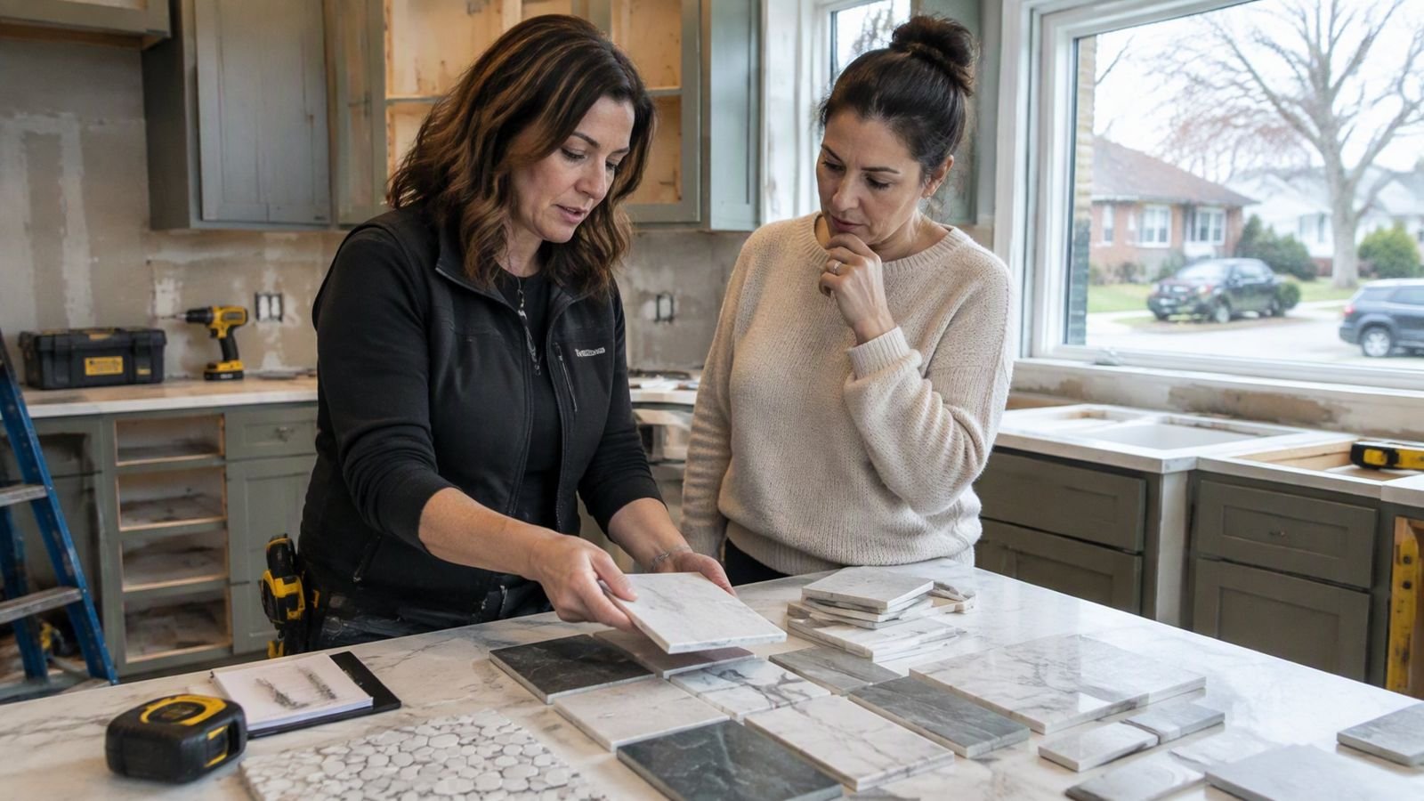A home renovation company owner reviewing tile samples with a homeowner in a kitchen being remodeled