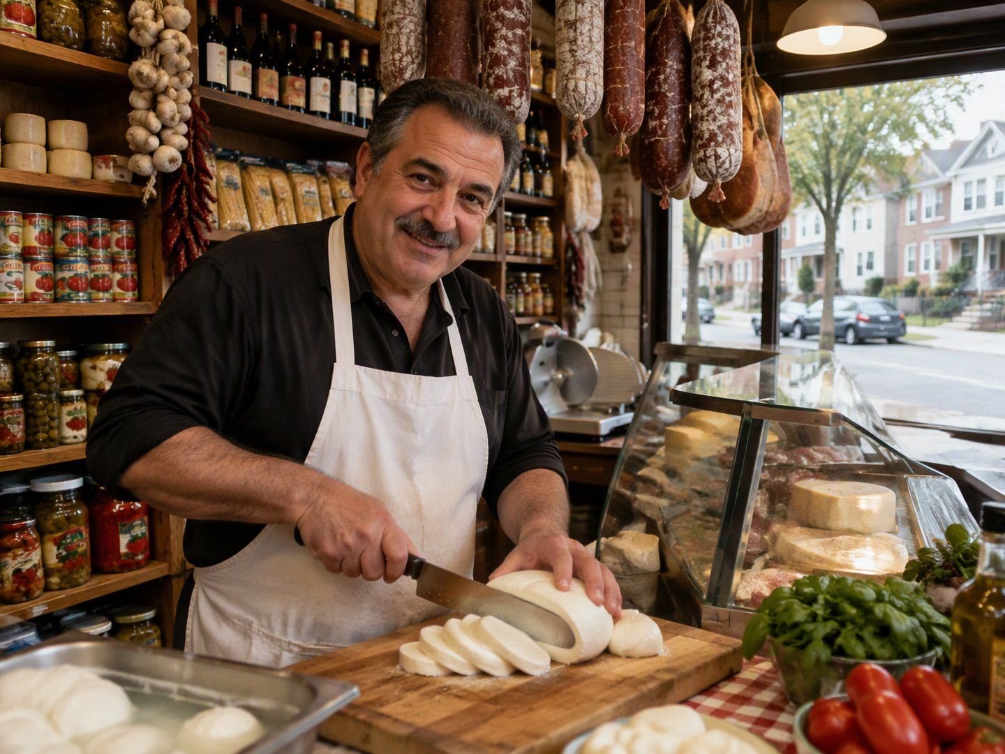 A Staten Island deli owner slicing fresh mozzarella behind the counter of his Italian deli