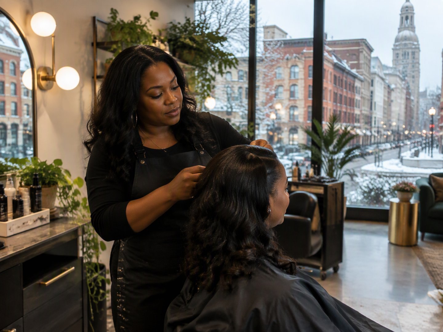 A Syracuse salon owner styling a client's hair in her modern downtown studio