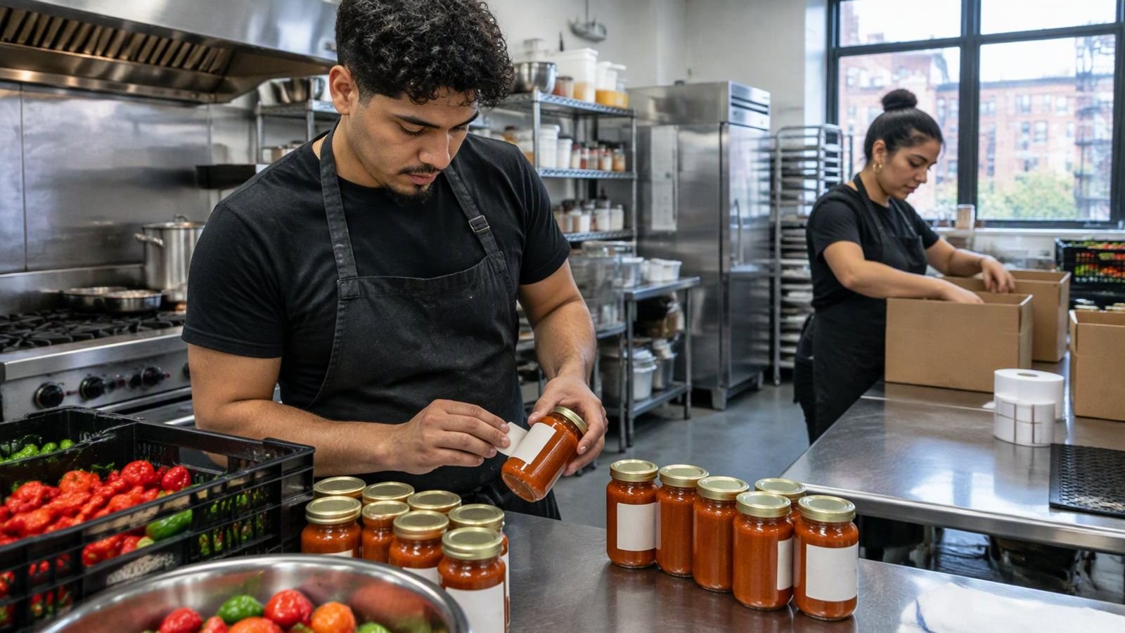A Bronx hot sauce maker labeling jars in a shared commercial kitchen while a partner packs boxes