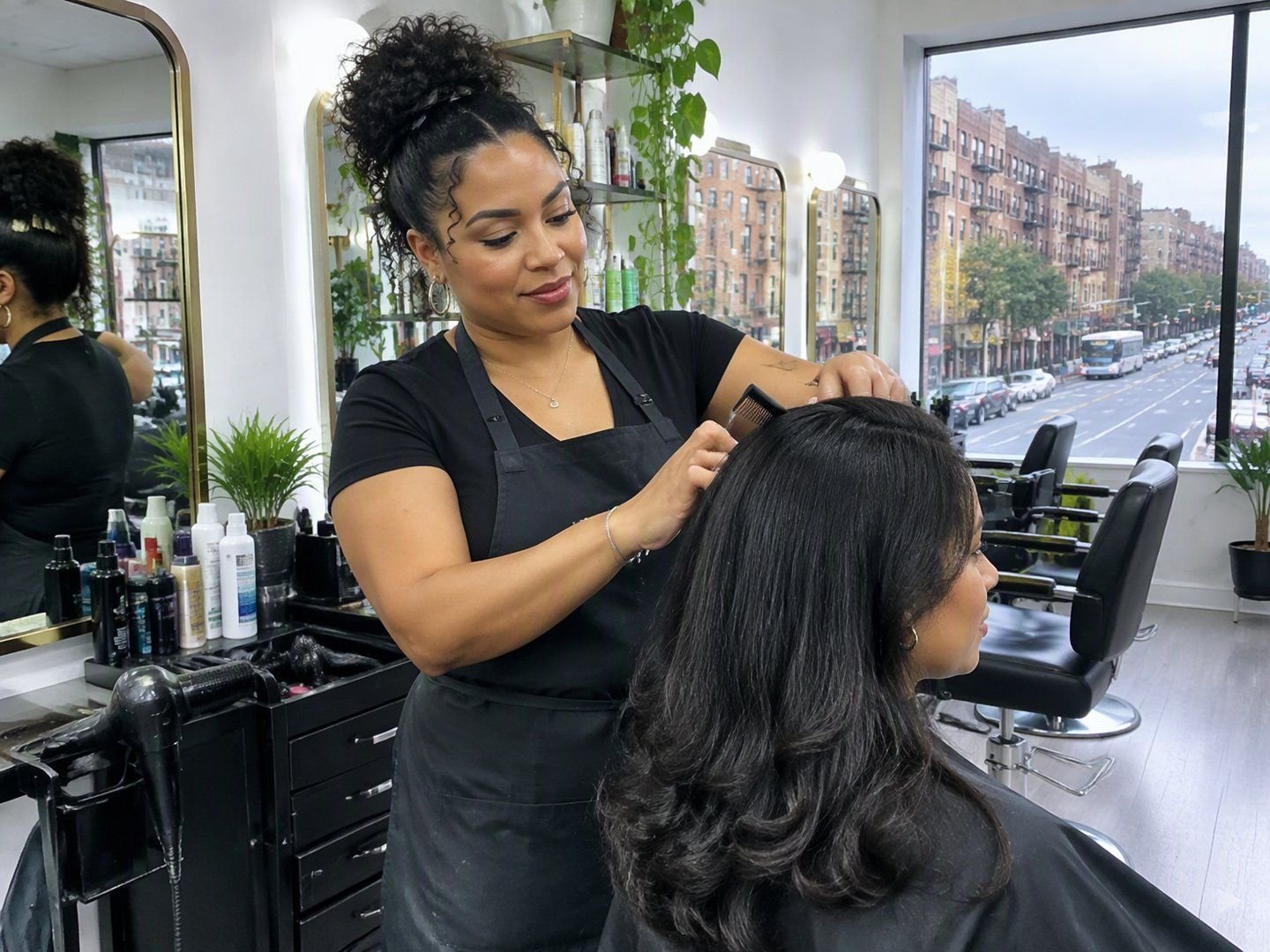 A Bronx hair salon owner styling a client in her bright salon with apartment buildings outside