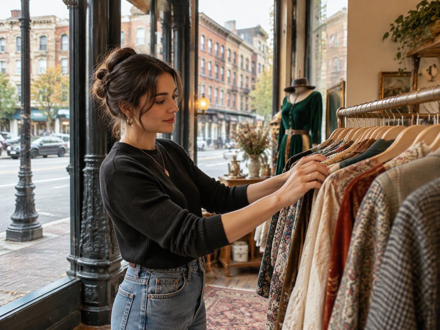 A shopper browsing a clothing rack inside a Troy vintage boutique with large street-facing windows
