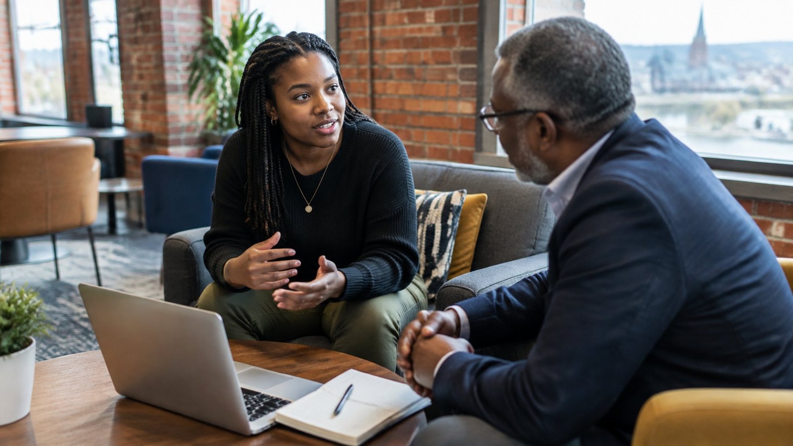 A young startup founder meeting with a mentor in a business incubator lounge