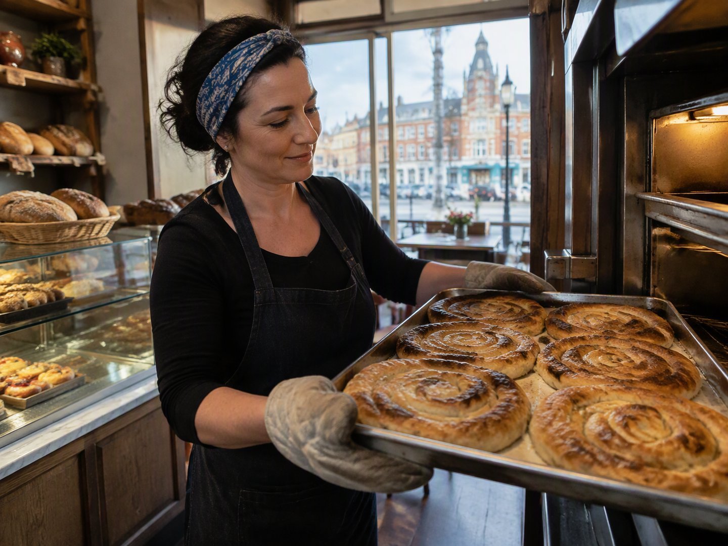 A Utica bakery owner pulling a tray of fresh pastries from the oven in her European-style bakery