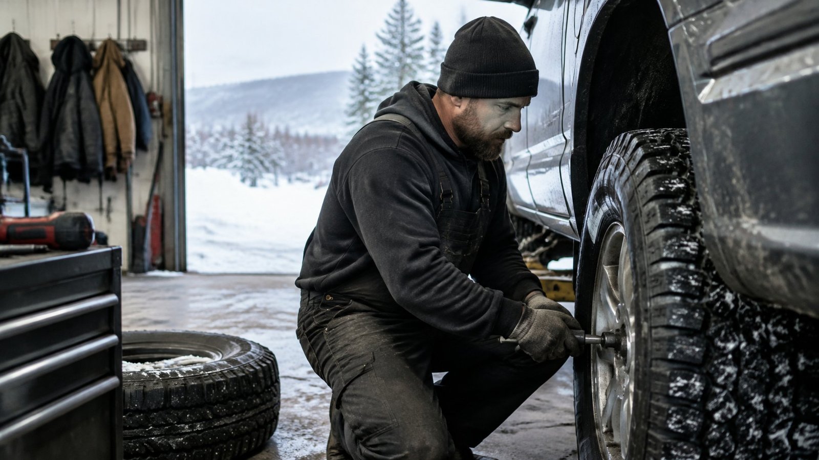 A veteran auto repair shop owner changing a snow tire on a pickup truck