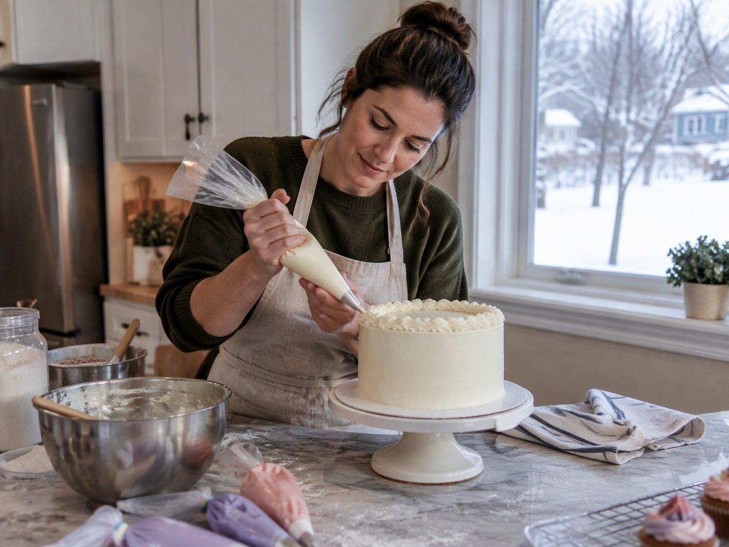 A Watertown home baker decorating a custom cake in her bright kitchen