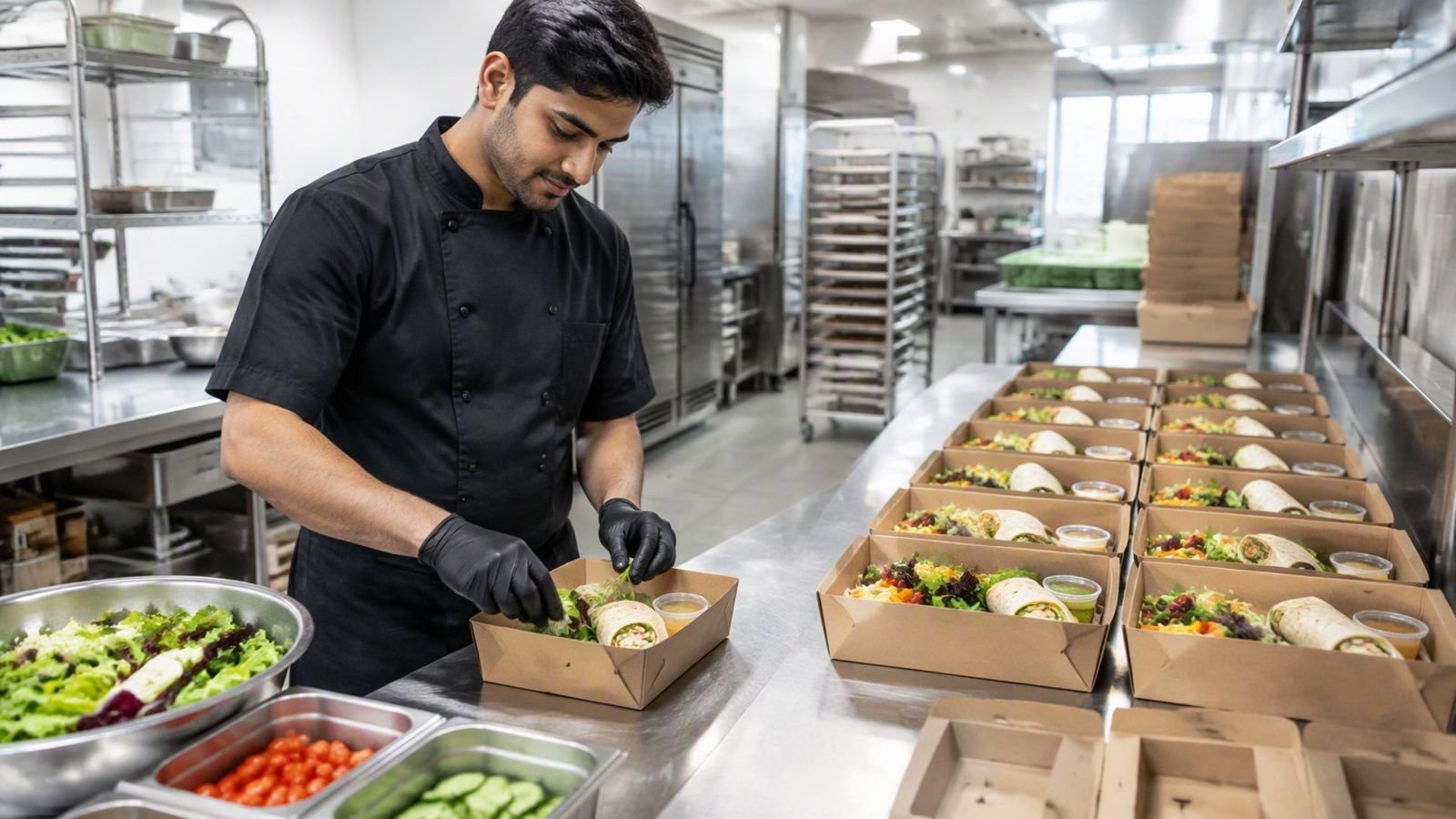 A corporate catering business owner packing boxed lunches in a commercial kitchen