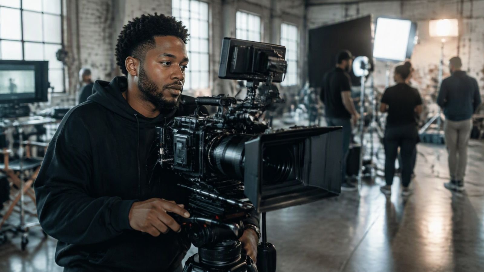 A film production company founder operating a cinema camera in a bright studio