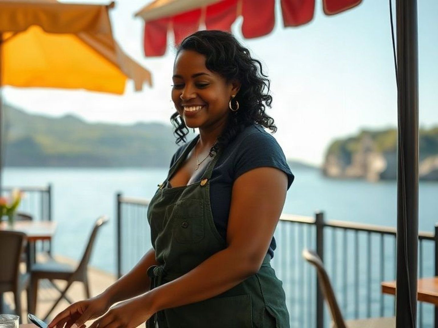 A Yonkers restaurant owner working behind the counter of her waterfront cafe